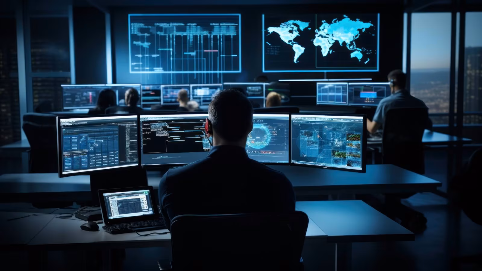 Serviços gerenciados NOC e gestão de TI Central de operações NOC da Five IT com analistas monitorando redes e respondendo a incidentes de segurança